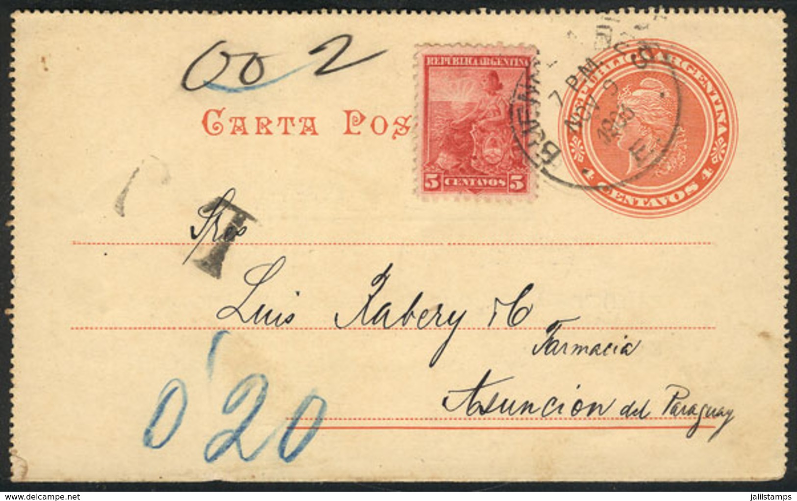 ARGENTINA: 4c. Lettercard + 5c. Seated Liberty, Sent From Buenos Aires To Paraguay On 9/NO/1903, With Postage Dues Mark  - Lettres & Documents
