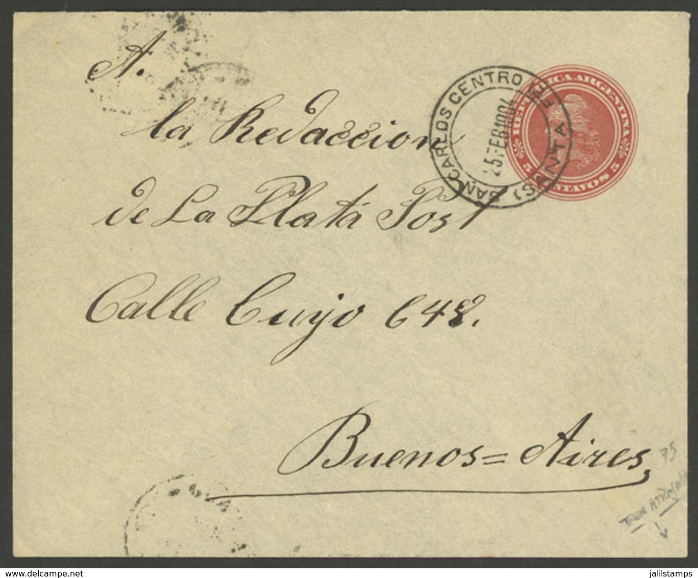 ARGENTINA: 5c. Stationery Envelope Sent To Buenos Aires On 25/FE/1904, With Datestamp Of SAN CARLOS CENTRO (Santa Fe), V - Brieven En Documenten