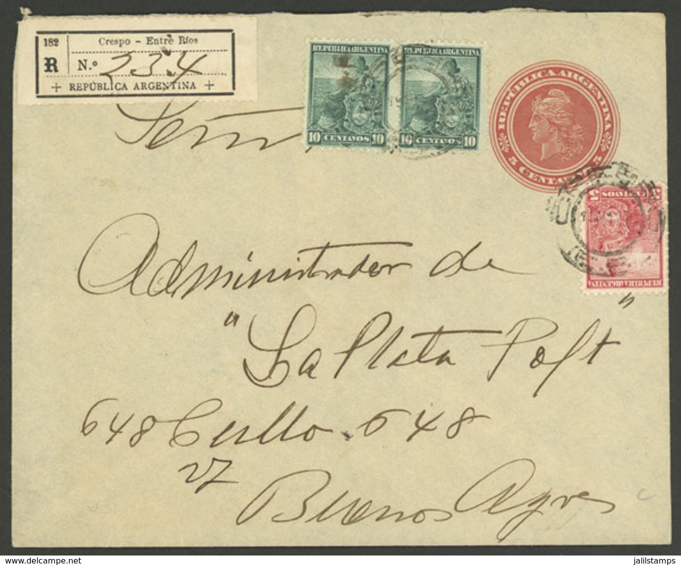 ARGENTINA: Registered 5c. Stationery Envelope Sent To Buenos Aires In MAY/1904, Uprated With 5c And 2x 10c. Seated Liber - Brieven En Documenten