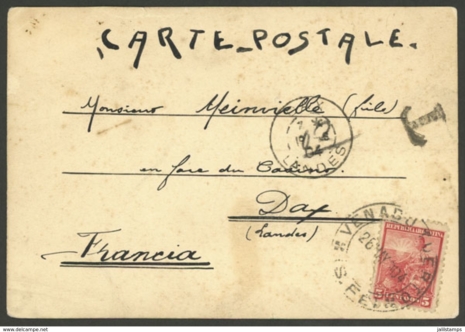 ARGENTINA: PC Sent To Dax (France) On 26/MAY/1904, Franked With 5c. Seated Liberty, Datestamped VENADO TUERTO (Santa Fe) - Brieven En Documenten