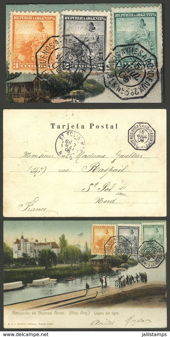 ARGENTINA: PC With View Of Tigre Lakes, Sent To St. Pol's Mer (France) On 15/AP/1906, Franked With 1c, 2c And 3c. Seated - Brieven En Documenten