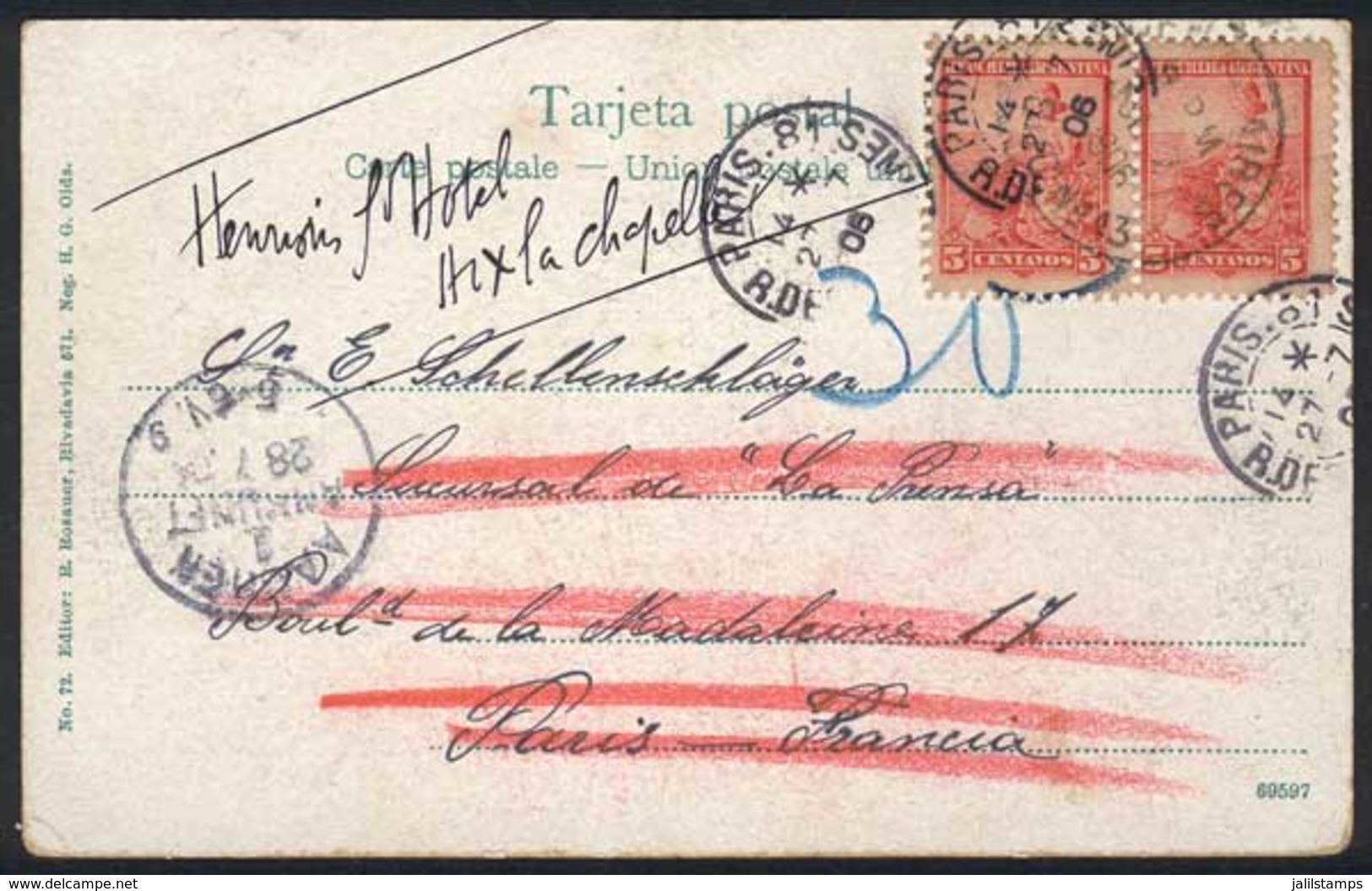 ARGENTINA: Postcard With View Of "Buenos Aires - Belgrano - La Barranca", Franked With GJ.222 Pair, Sent To Paris On 2/J - Brieven En Documenten