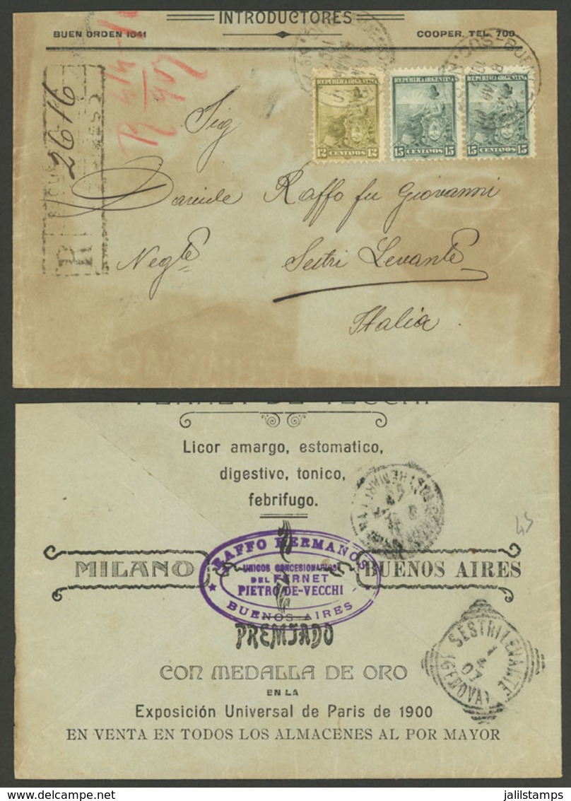 ARGENTINA: Registered Cover Sent From Buenos Aires To Sistri Levante (Italy) On 8/MAR/1907, Franked With 12c. And 2x 15c - Brieven En Documenten