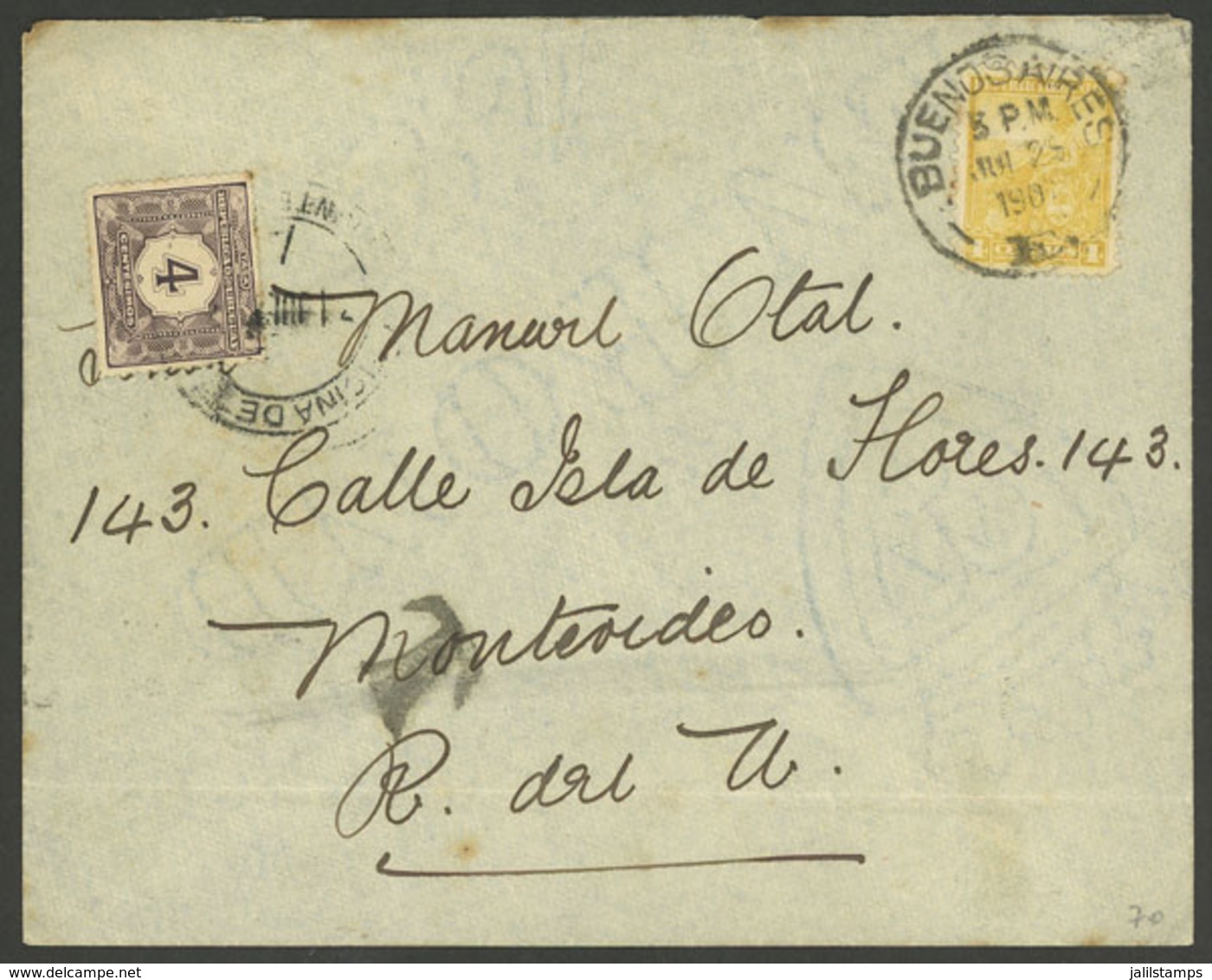 ARGENTINA: 25/JUN/1907: Buenos Aires - Montevideo, Cover Franked With 4c. Seated Liberty, With Uruguay Postage Due Stamp - Brieven En Documenten