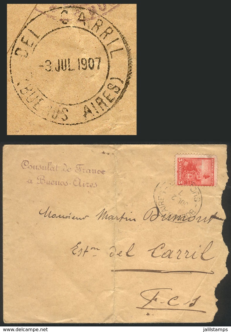 ARGENTINA: Cover Sent By The Consulate Of France In Buenos Aires To ESTACIÓN DEL CARRIL On 2/JUL/1907, Franked By GJ.222 - Lettres & Documents