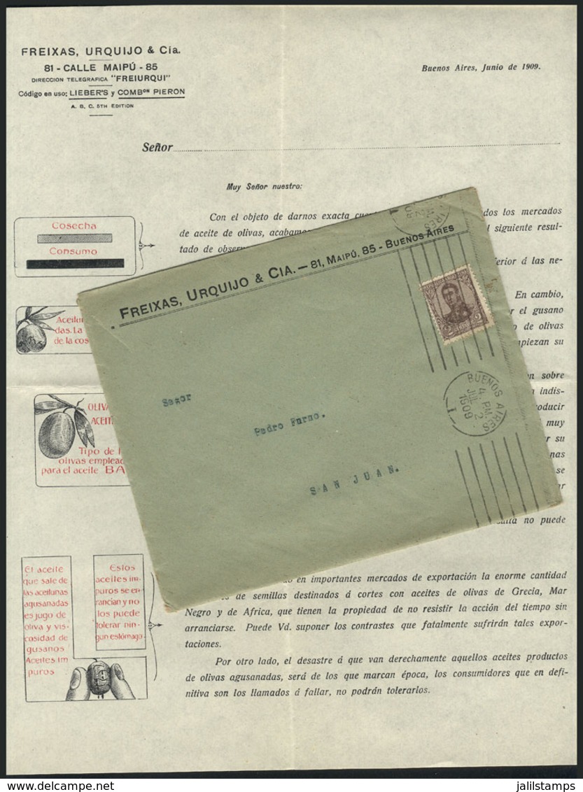 ARGENTINA: Cover Franked With 2c. San Martin In Oval, Sent From Buenos Aires To San Juan On 2/JUL/1909, Containing An Ad - Brieven En Documenten