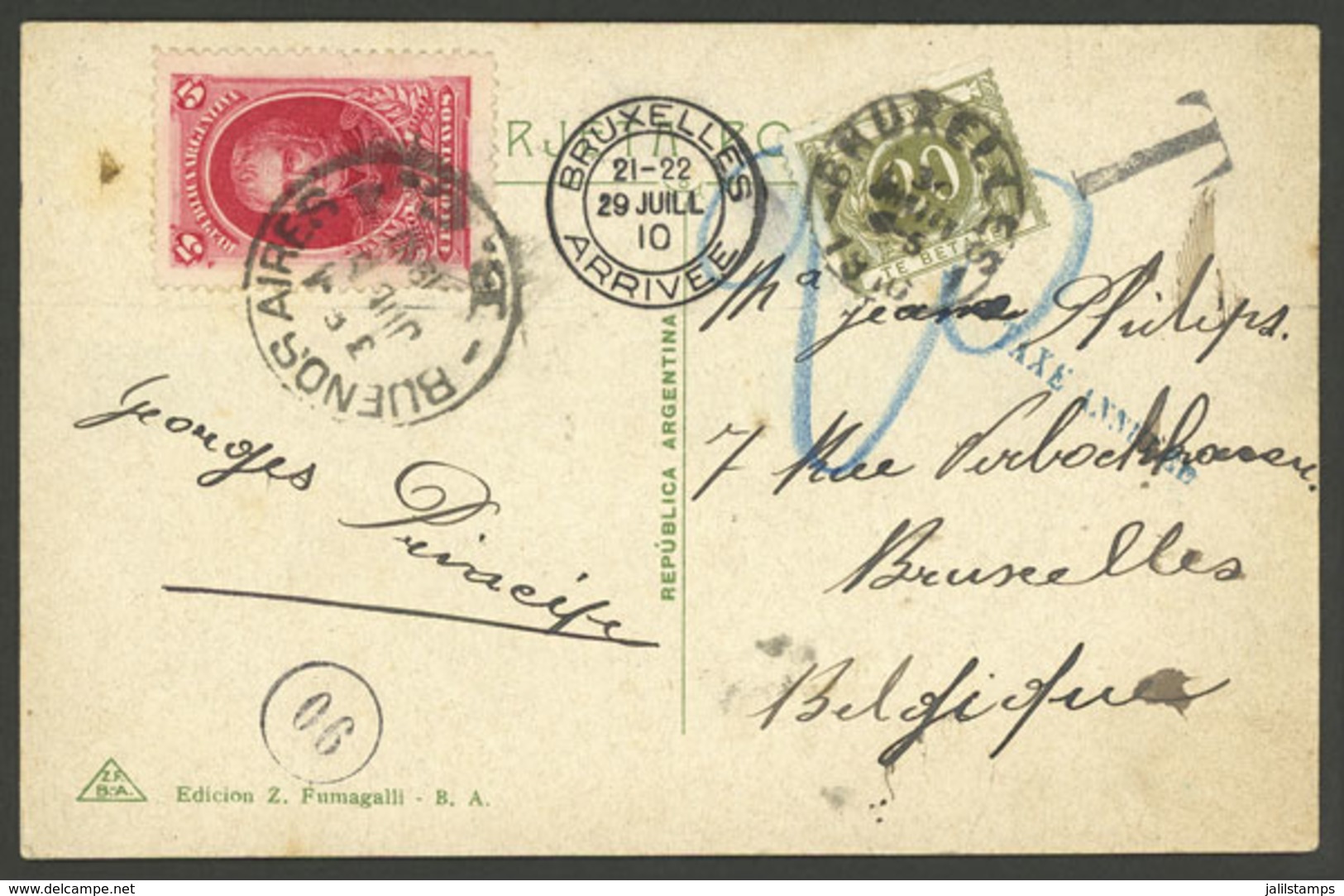 ARGENTINA: PC Edited By Z. Fumagalli, Sent From Buenos Aires To Bruxelles In JUL/1910, Franked With 5c. Centenary Of 181 - Covers & Documents