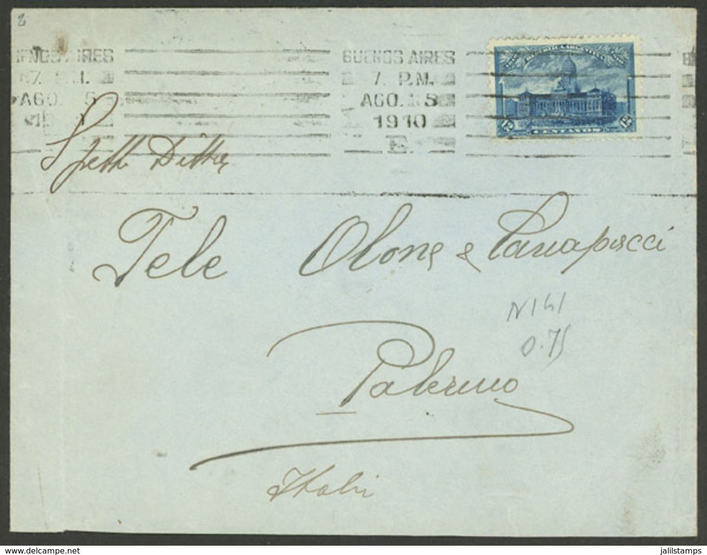 ARGENTINA: Cover Sent From Buenos Aires To Palermo (Italy) On 5/AU/1910 Franked With 12c. Centenary Of 1810 Revolution ( - Briefe U. Dokumente
