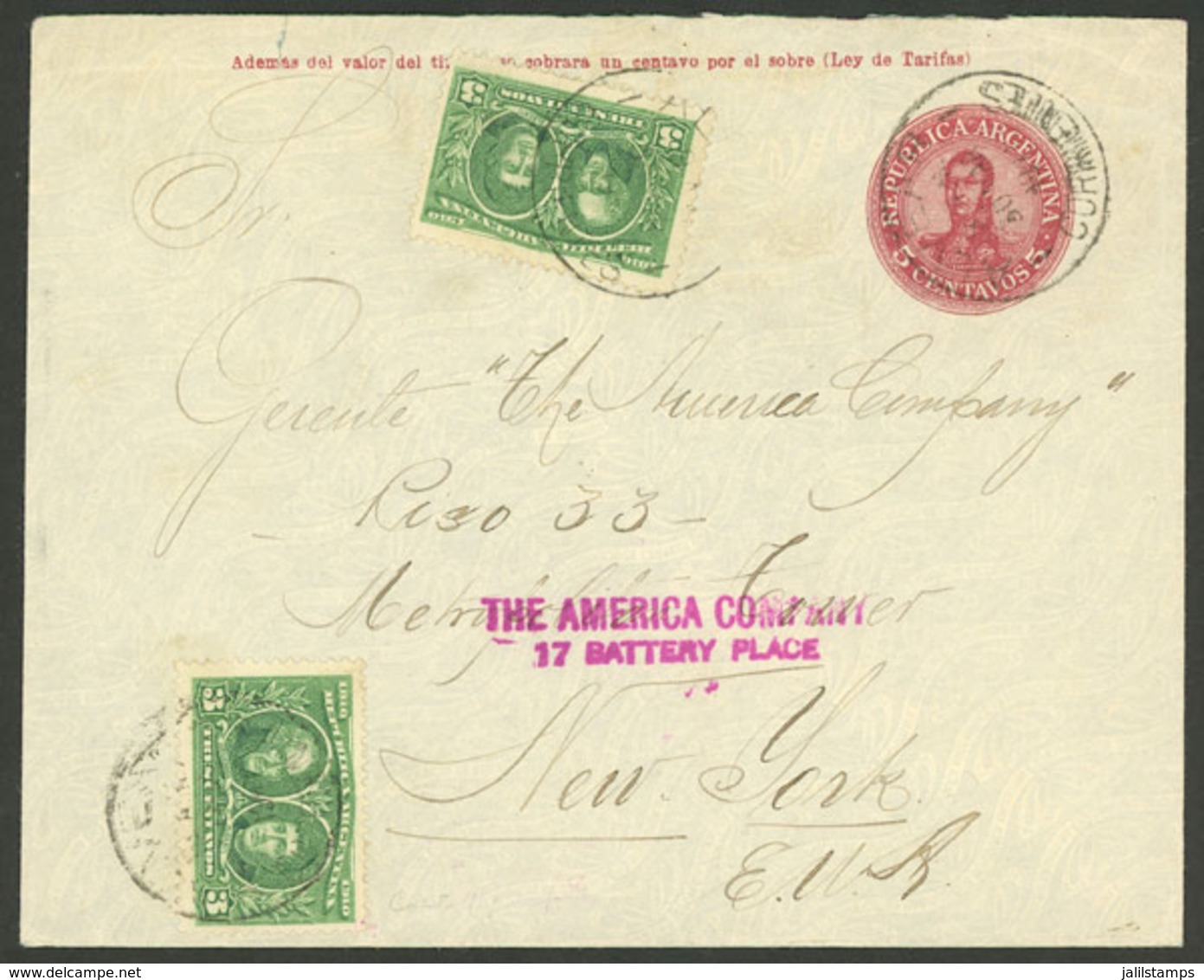 ARGENTINA: 5c. Stationery Envelope Sent To New York On 30/MAR/1911, Uprated With 2x 3c. Centenary Of 1810 Revolution (GJ - Brieven En Documenten