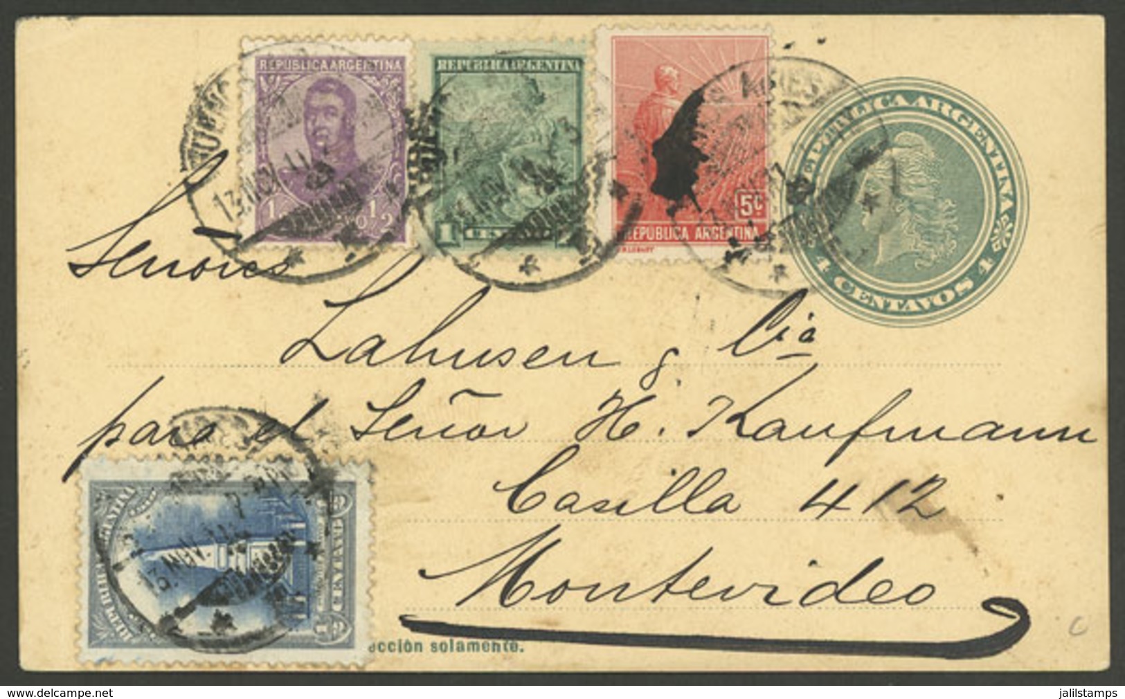 ARGENTINA: 4c. Postal Card Sent From Buenos Aires To Montevideo On 13/NO/1911, Uprated With ½c. San Martín + ½c. Centena - Brieven En Documenten