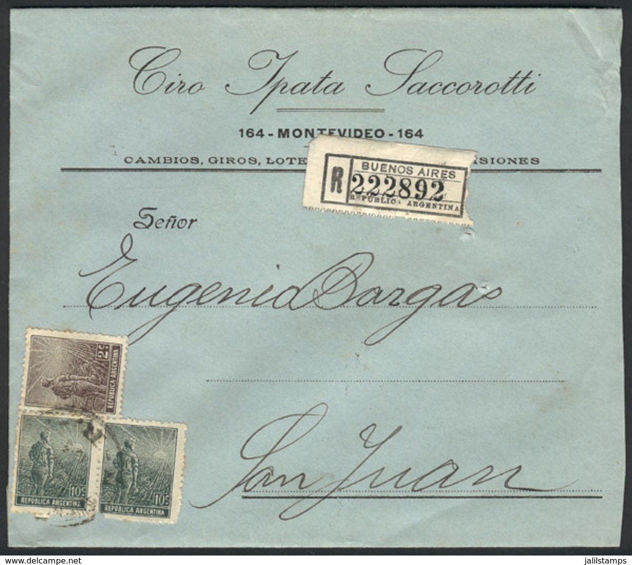 ARGENTINA: Registered Cover Sent From Buenos Aires To San Juan In AUG/1913, Franked With 22c. (Plowman 2c. + Pair 10c.), - Brieven En Documenten