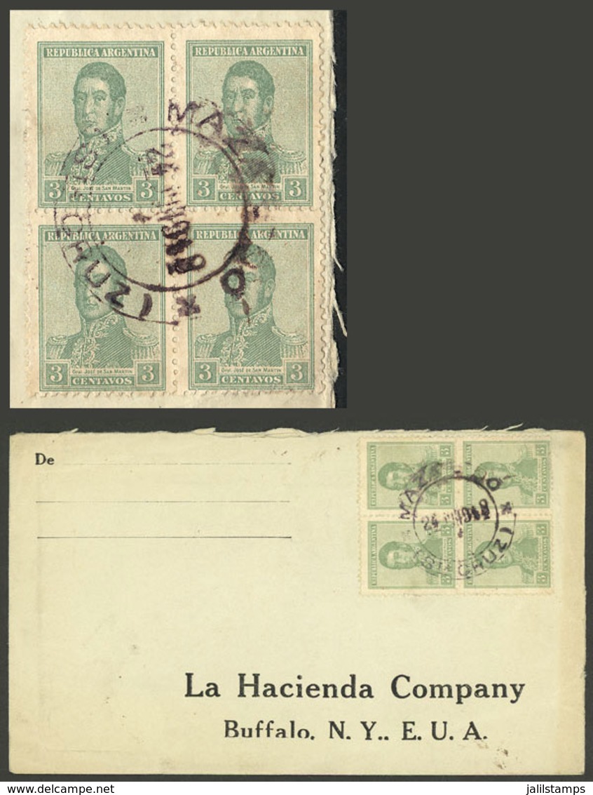 ARGENTINA: Cover Sent To New York On 24/JUN/1918 Franked With Block Of 4 Of 3c. San Martin, Datestamped MAZARREDO (Santa - Briefe U. Dokumente