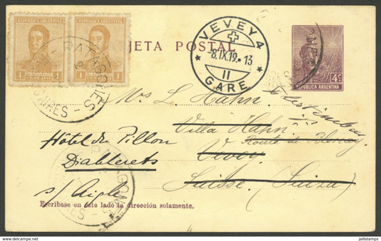 ARGENTINA: 4c. Postal Card Sent To Switzerland In 1919, With Additional 2x 1c. San Martín (total Postage 6c.), Datestamp - Brieven En Documenten