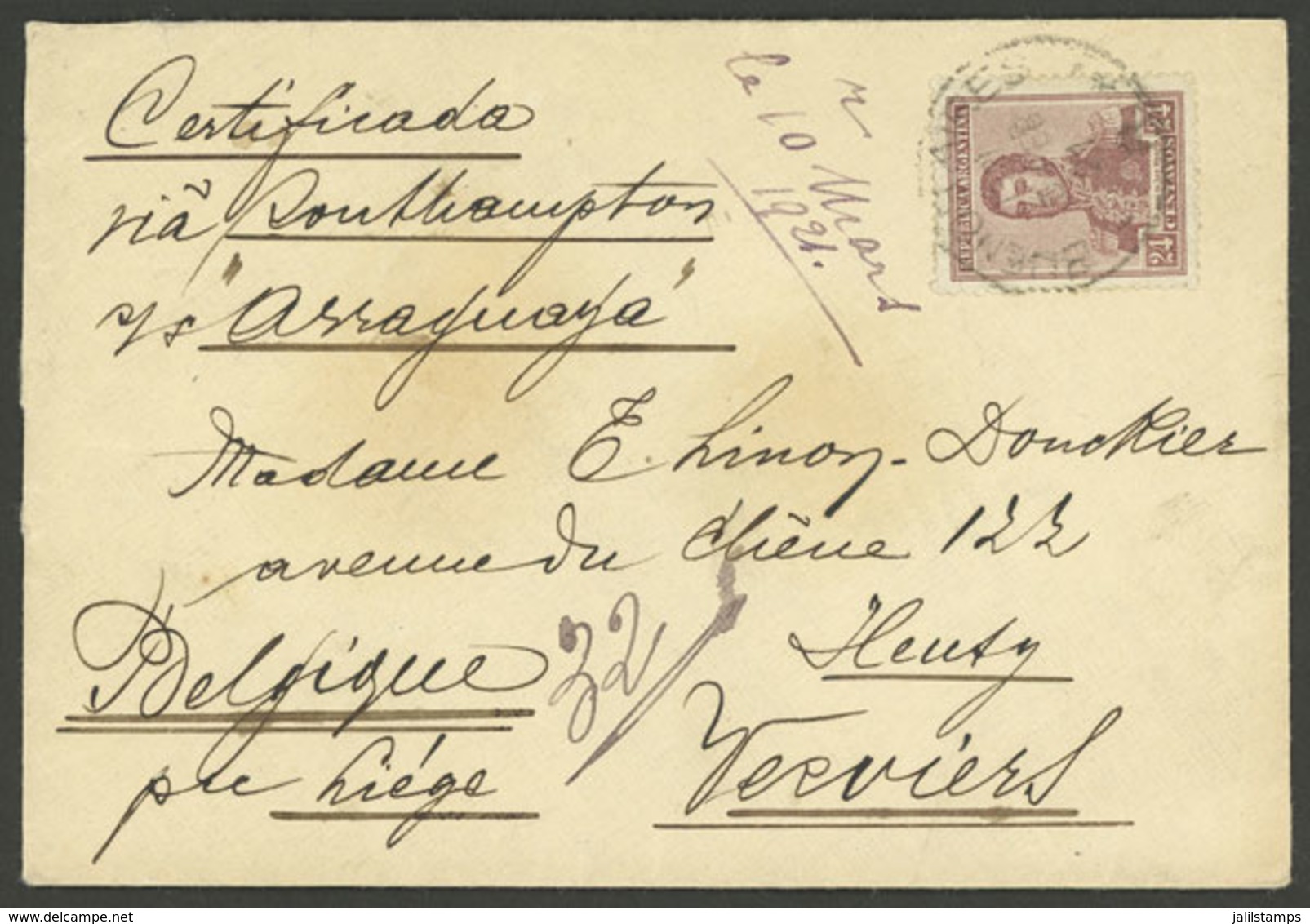 ARGENTINA: Registered Cover Sent From Buenos Aires To Verviers (Belgium) On 3/FE/1921, Franked 24c. San Martin, VF Quali - Brieven En Documenten