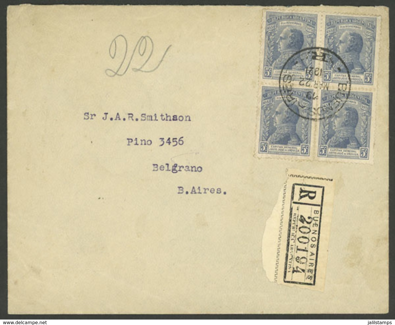 ARGENTINA: Registered Cover Used In Buenos Aires On 22/MAR/1921, Franked With 5c. Pact Of San José De Flores In Block Of - Brieven En Documenten