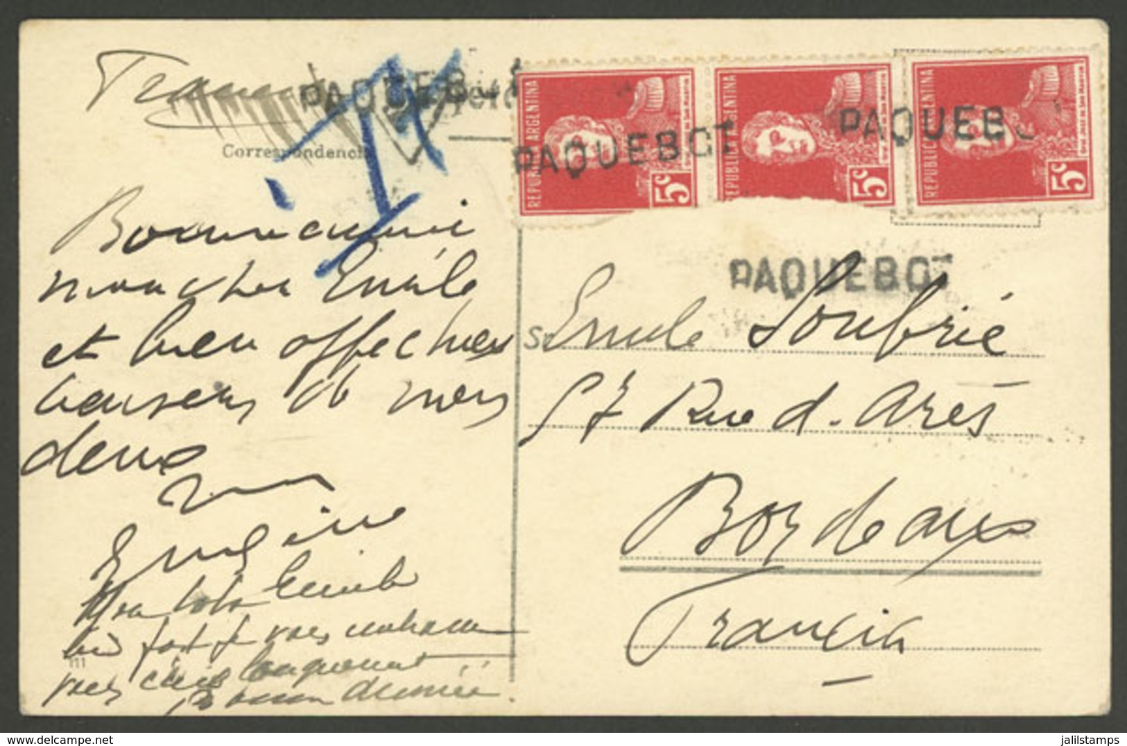 ARGENTINA: Circa 1924: PC Sent From A Ship To France Franked With 5c. San Martin W/o Period In Strip Of 3, Cancelled "PA - Brieven En Documenten