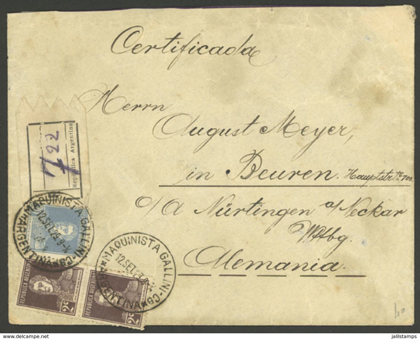 ARGENTINA: Registered Cover Sent From MAQUINISTA GALLINI (Córdoba) To Germany On 12/SE/1929, Franked 24c., With Several  - Brieven En Documenten