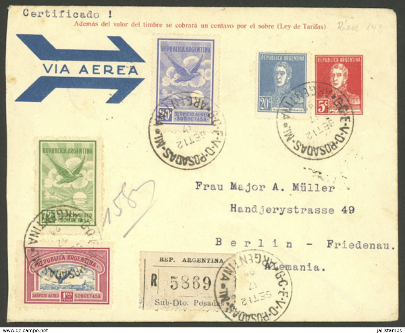 ARGENTINA: 24/SE/1929: Buenos Aires - Berlin, Registered 5c. Airmail Stationery Envelope With Additional Postage (total  - Brieven En Documenten