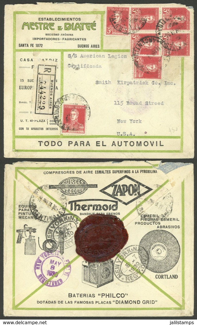 ARGENTINA: 1930: Buenos Aires - New York, Registered Cover With 7x 5c. San Martín W/o Period (total Postage 35c.), With  - Brieven En Documenten