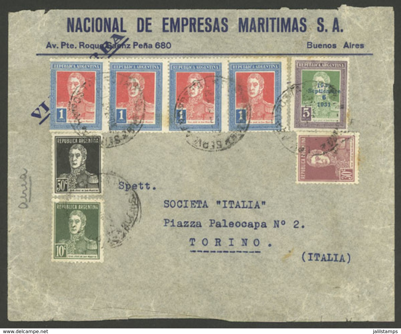ARGENTINA: Airmail Cover Posted From Buenos Aires To Torino (Italy) In 1932, Franked With $9.90, With Defects On Back, V - Brieven En Documenten