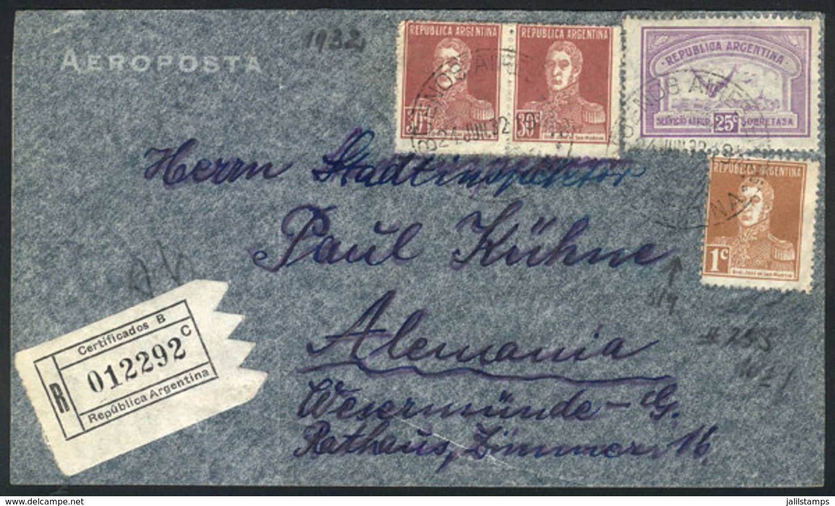 ARGENTINA: Registered Airmail Cover Sent From Buenos Aires To Germany On 24/JUN/1932 With Very Nice Postage Of 86c., VF  - Brieven En Documenten
