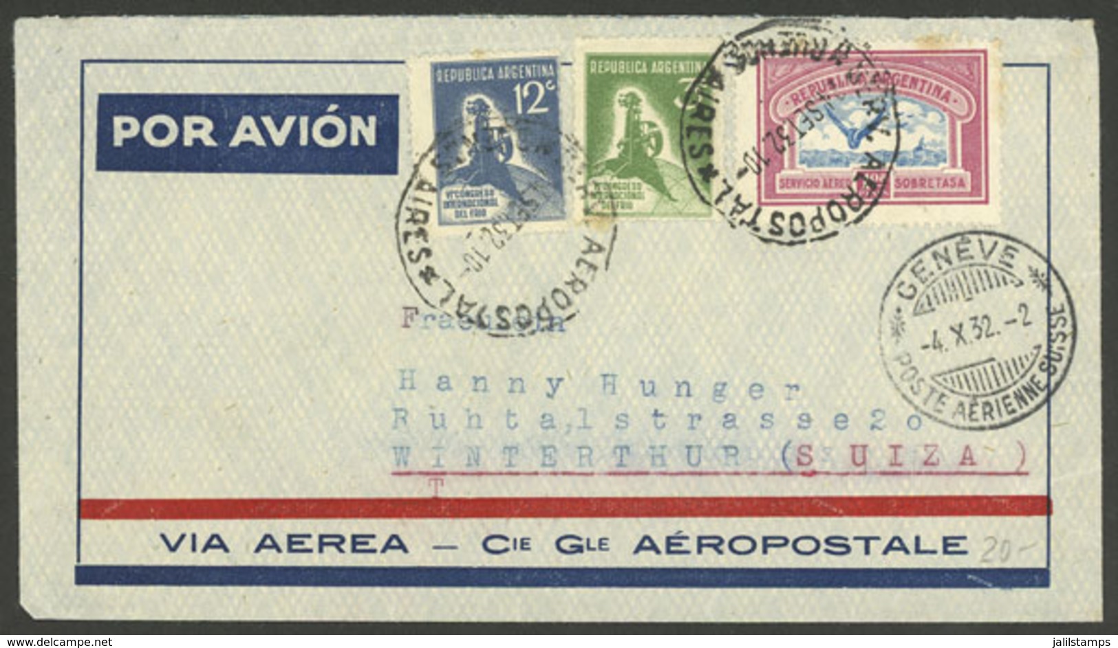 ARGENTINA: Airmail Cover Posted From Buenos Aires To Winterthur (Switzerland) On 24/SE/1932, Franked With 3c. And 12c. C - Brieven En Documenten