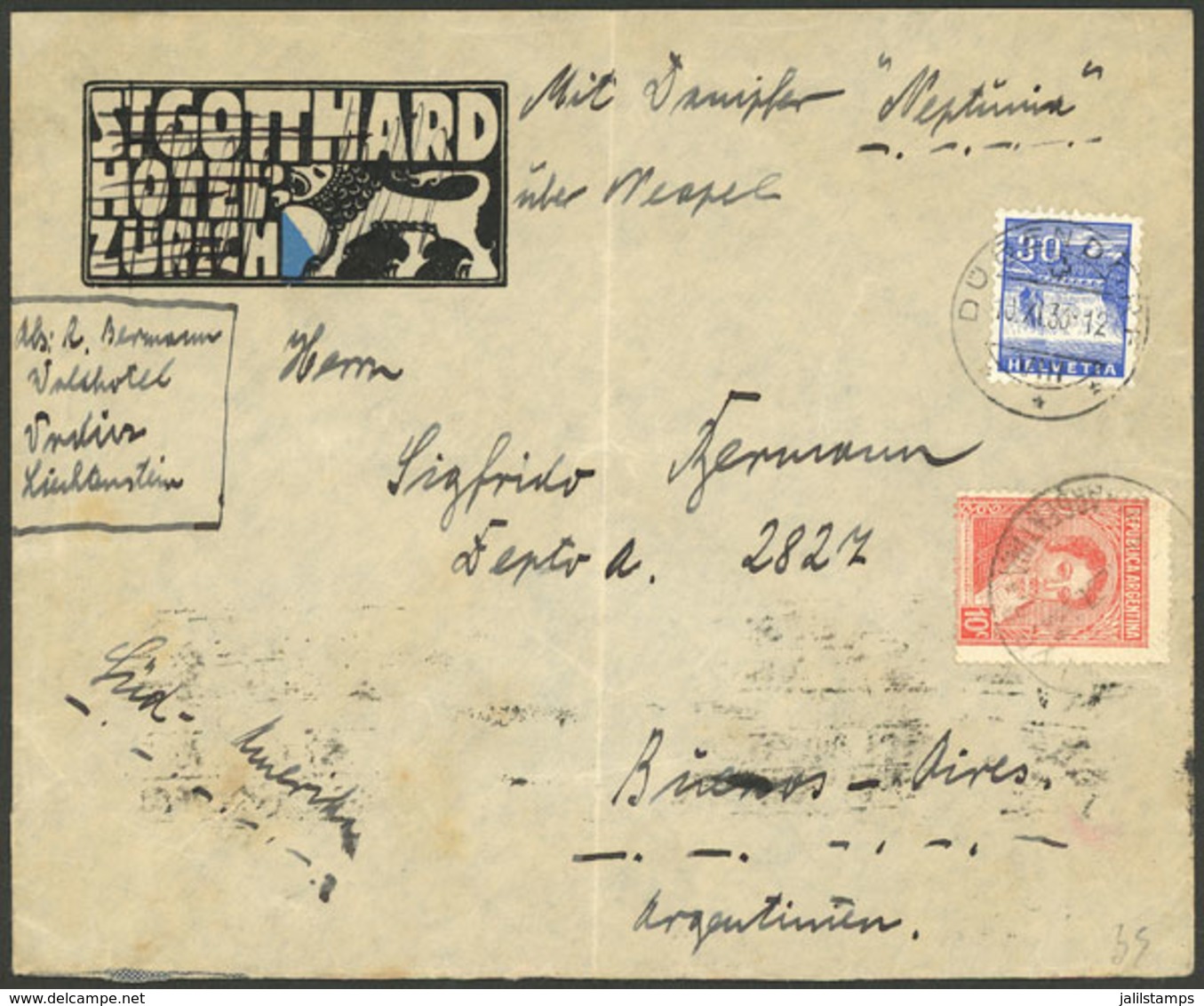 ARGENTINA: Cover Sent From Switzerland To Buenos Aires On 10/NO/1933, As The Address Was Insufficient The "Office Of Dec - Briefe U. Dokumente