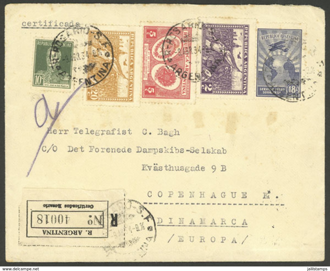 ARGENTINA: Registered Cover Sent From Rosario To Denmark On 9/AP/1935, Franked 55c. With Different Stamps, VF Quality - Briefe U. Dokumente