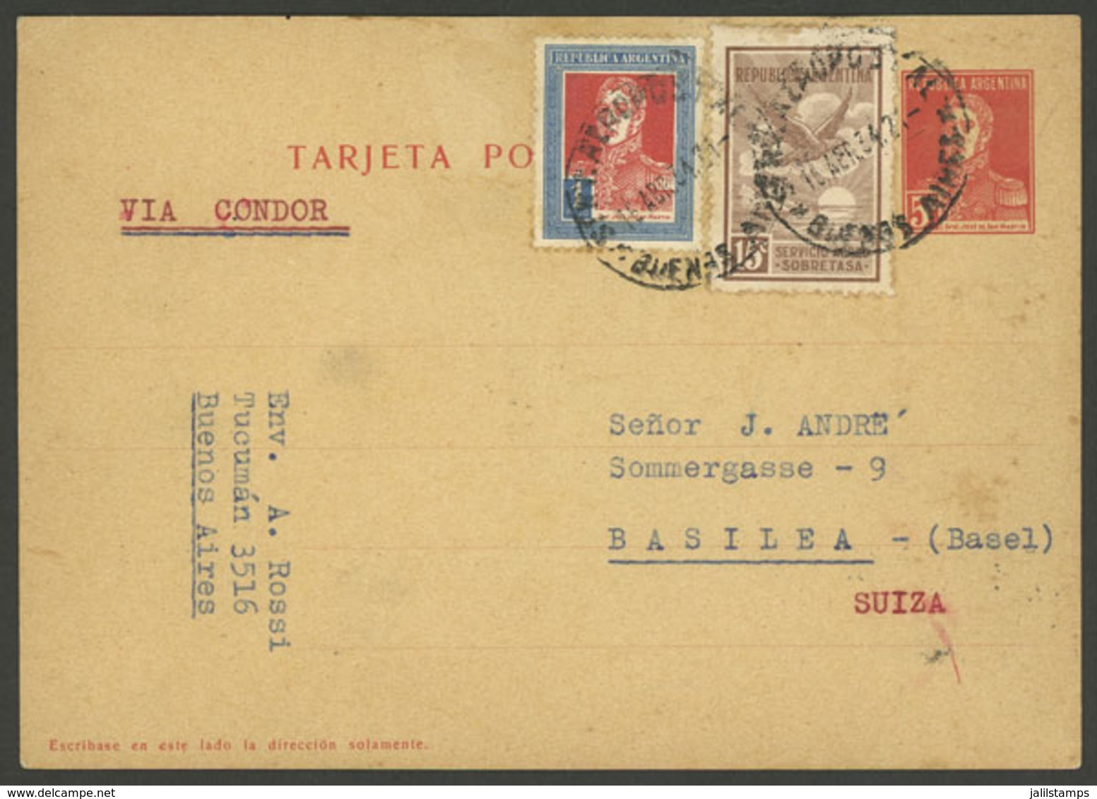 ARGENTINA: 5c. Postal Card  Sent From Buenos Aires To Basel (Switzerland) On 16/AP/1934, Uprated With 15c. Airmail + $1  - Briefe U. Dokumente