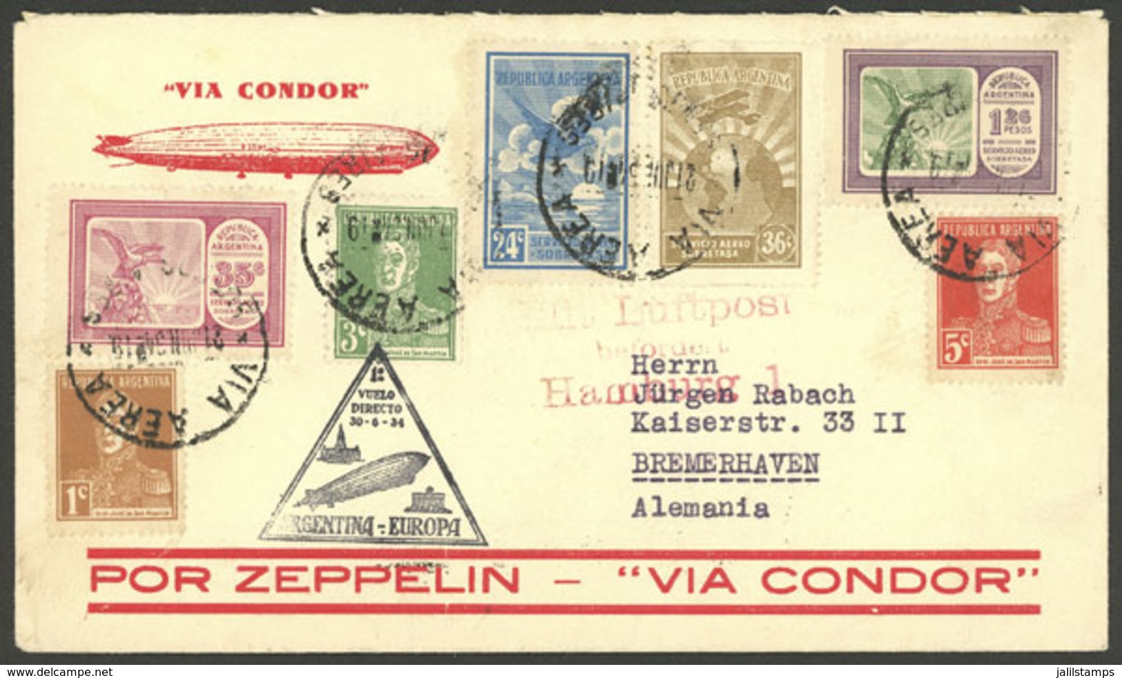 ARGENTINA: Cover Sent By Zeppelin From Buenos Aires To Bremerhaven (Germany) On 21/JUN/1934, With Handstamp Of 1st Direc - Briefe U. Dokumente