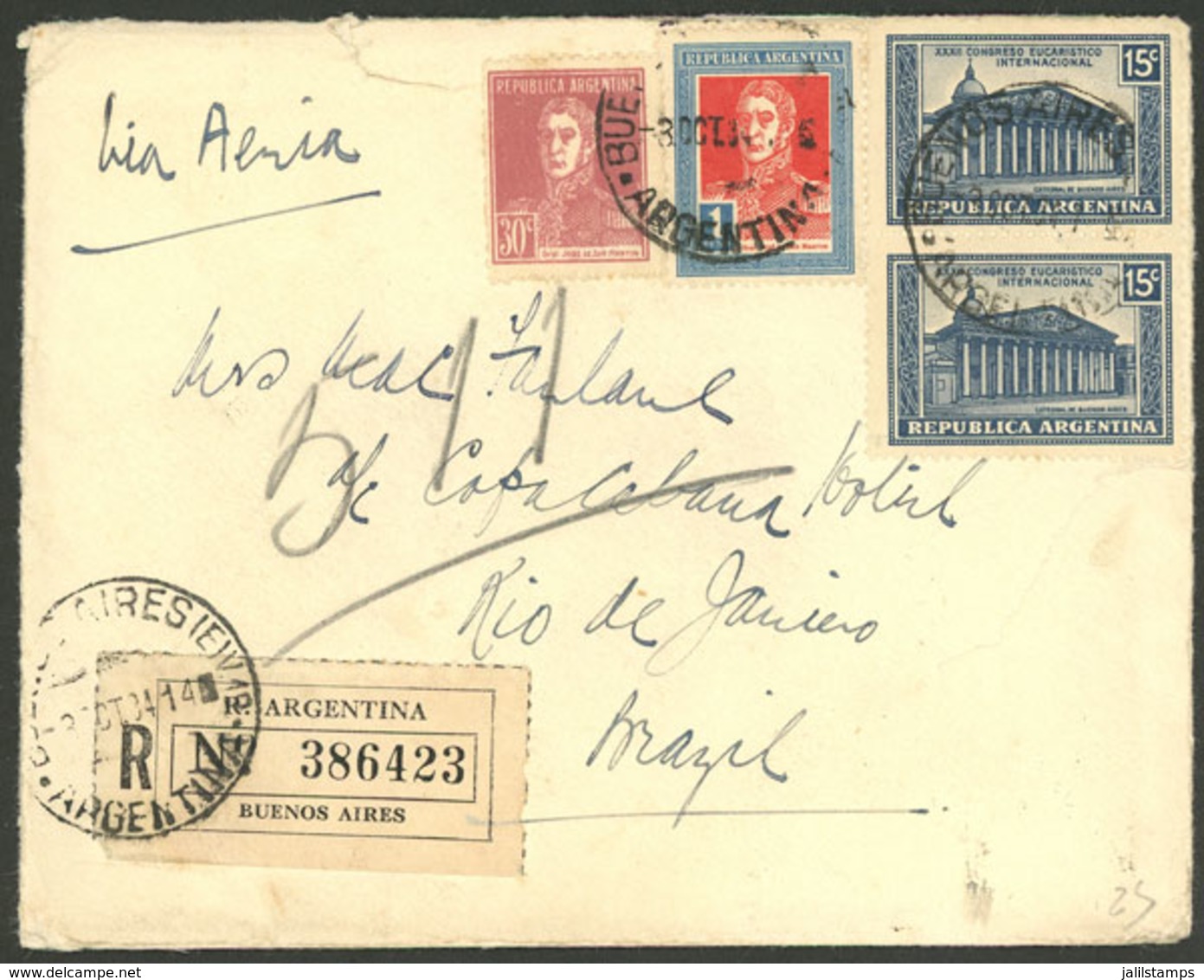 ARGENTINA: 3/OC/1934: Buenos Aires - Rio De Janeiro, Registered Cover Franked With 30c. And $1 San Martín + 2x 15c. Euch - Briefe U. Dokumente