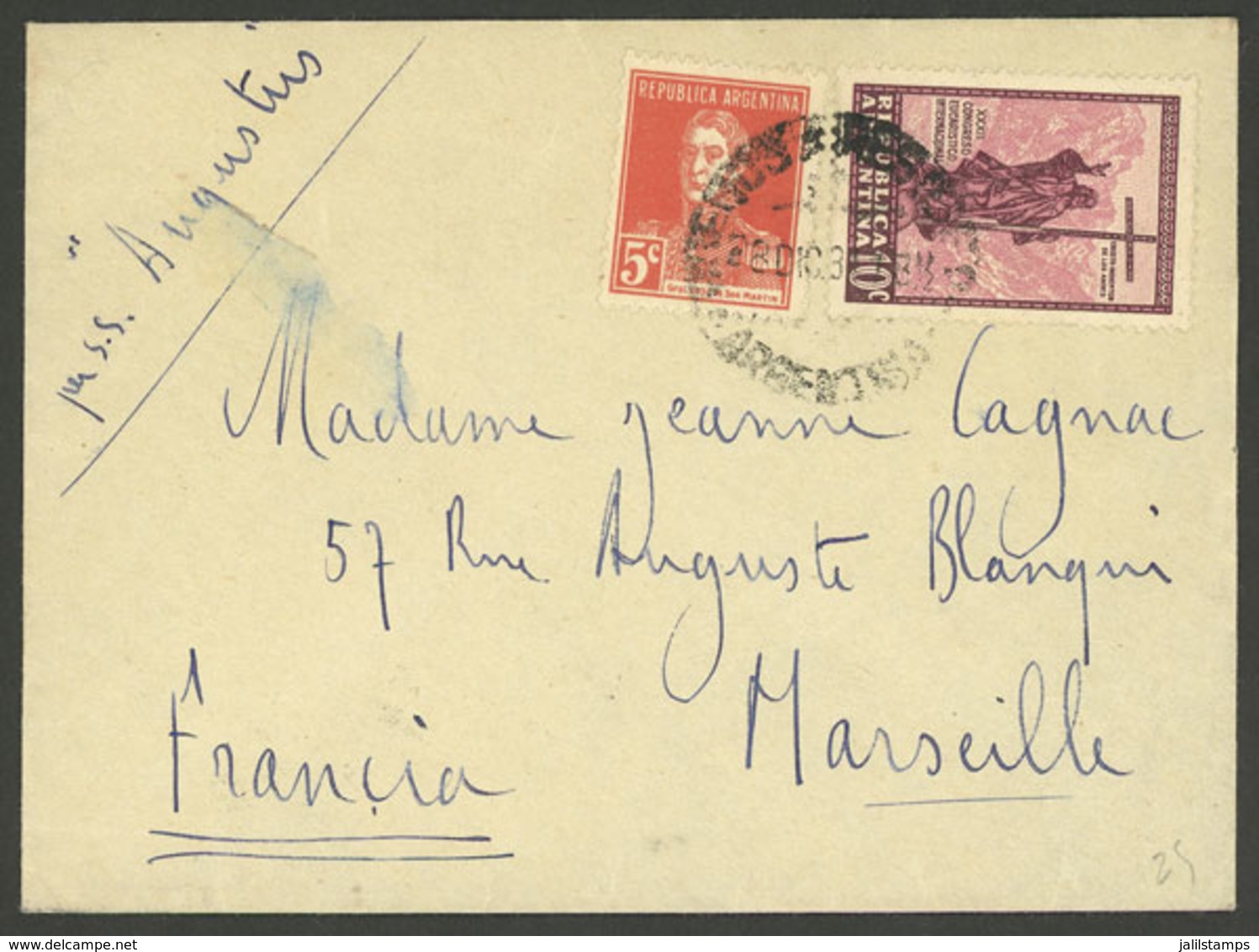 ARGENTINA: Cover Sent From Buenos Aires To Marseille (France) In DE/1934, Franked With 5c. San Martín W/o Period + 10c.  - Briefe U. Dokumente