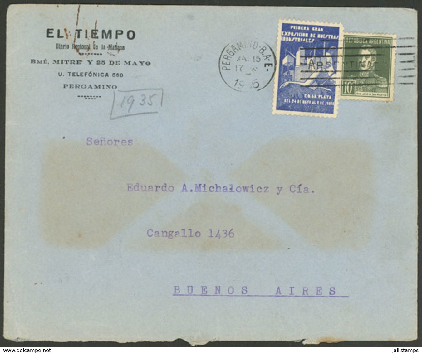 ARGENTINA: Cover Sent From Pergamino To Buenos Aires In MAY/1935, Franked With 10c. San Martin W/o Period, With Cinderel - Briefe U. Dokumente