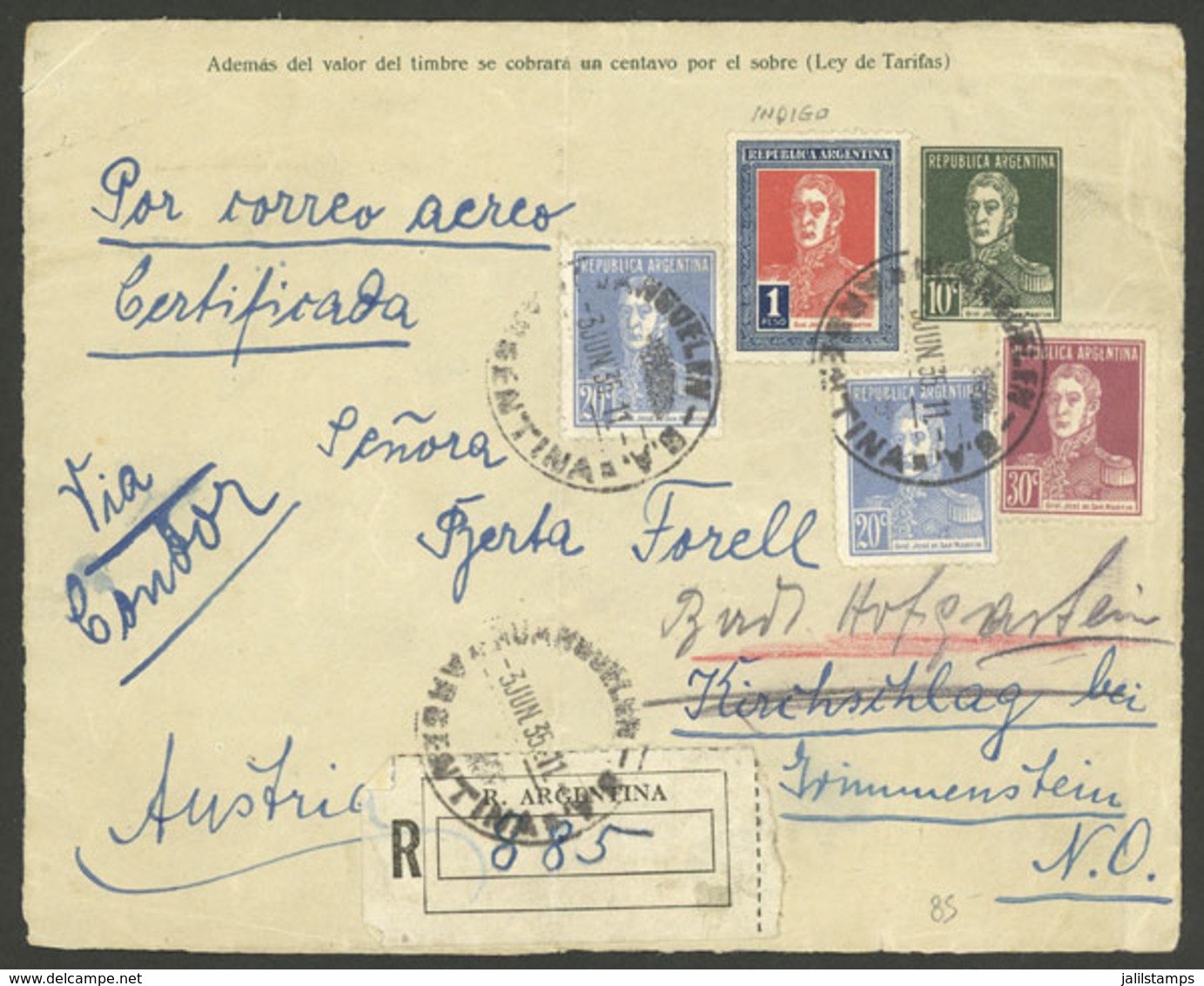 ARGENTINA: Registered 10c. Stationery Cover Fonrt Sent From Buenos Aires To Austria On 3/JUN/1935, Franked With 2x 20c A - Briefe U. Dokumente