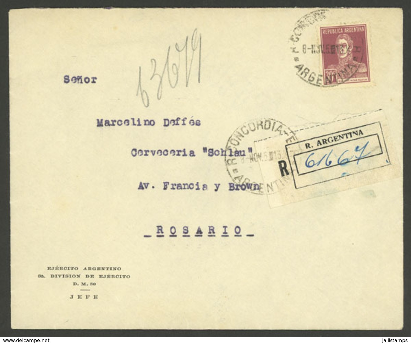 ARGENTINA: Registered Cover Sent From Concordia To Rosario On 8/NO/1935, Franked With 30c. San Martin W/o Period, VF - Briefe U. Dokumente