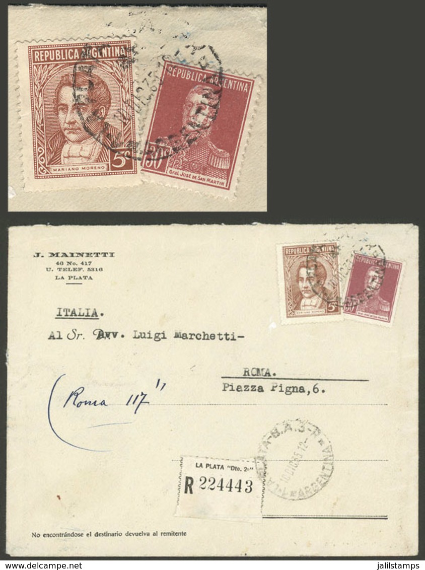 ARGENTINA: Registered Cover Sent From La Plata To Roma On 10/DE/1935, Franked With 30c. San Martín W/o Period + 5c. More - Briefe U. Dokumente