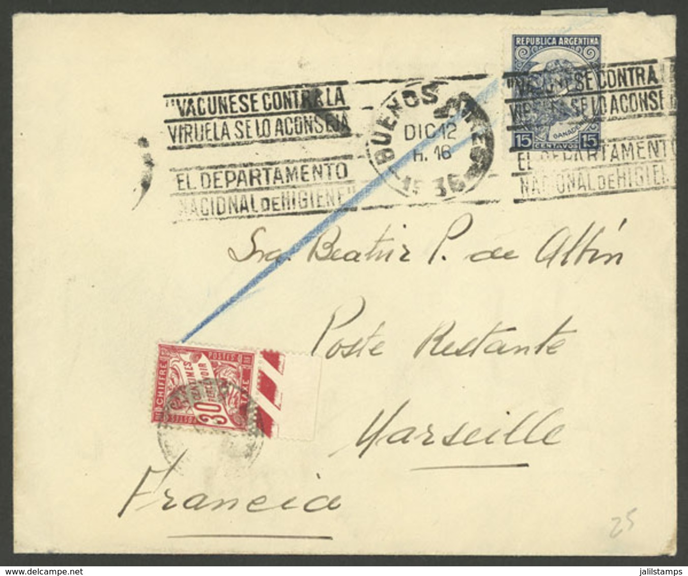 ARGENTINA: Cover Sent From Buenos Aires To Marseille (France) On 12/DE/1936, To Poste Restante, With MIXED POSTAGE And S - Briefe U. Dokumente