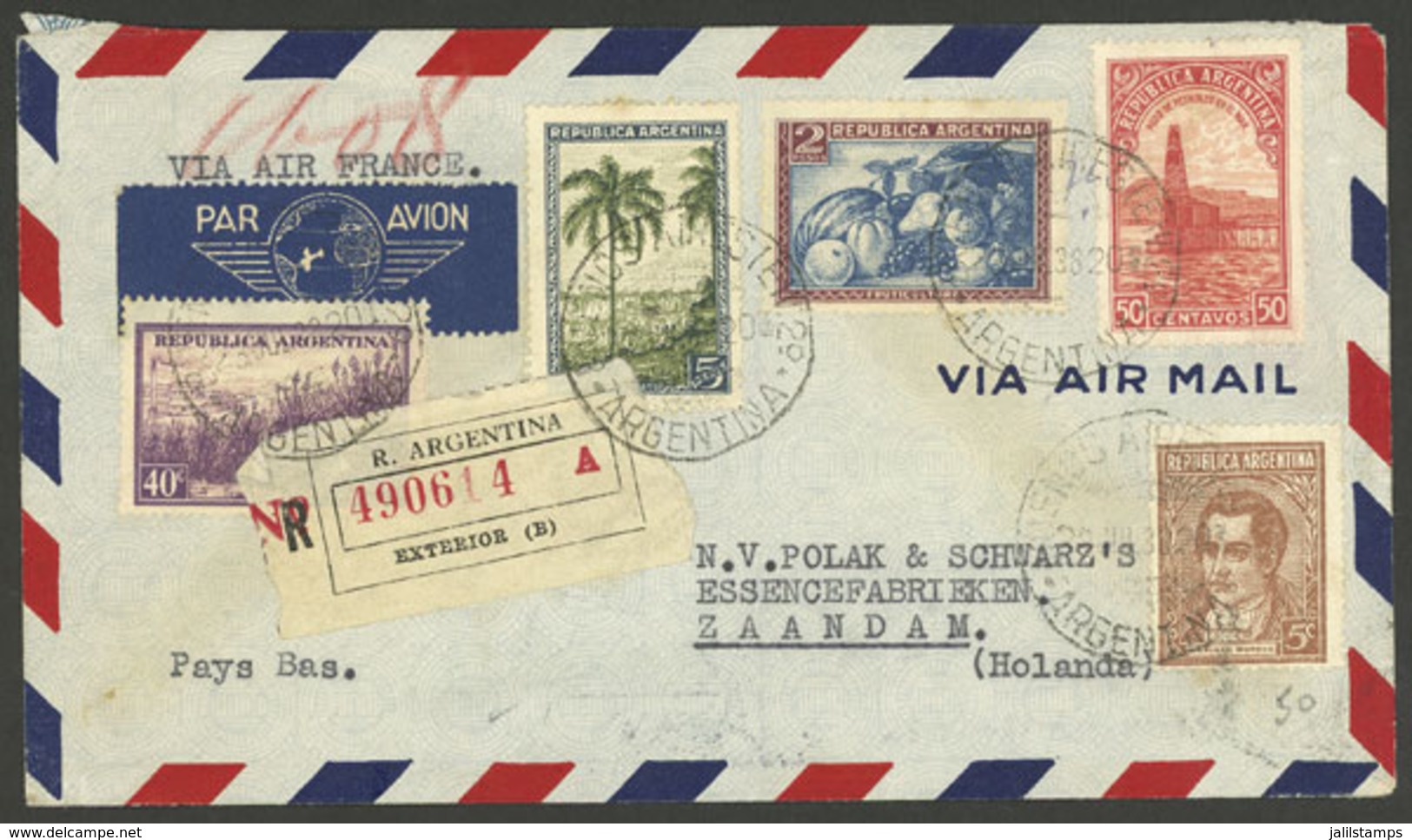 ARGENTINA: Registered Airmail Cover Sent From Buenos Aires To Zaandam (Netherlands) On 23/JUL/1938, Franked $7.95 With S - Briefe U. Dokumente