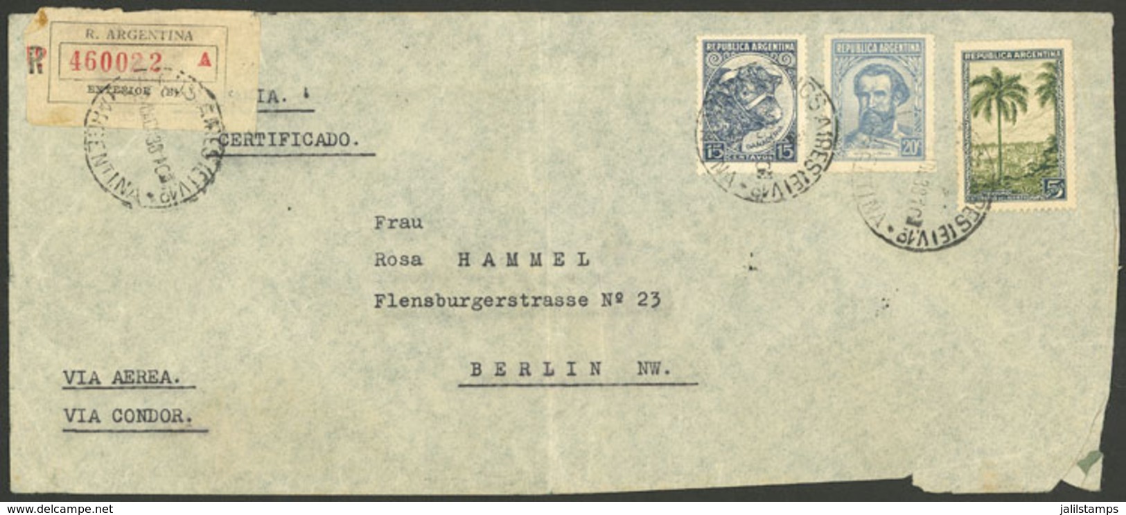 ARGENTINA: 24/AU/1938: Buenos Aires - Berlin, Registered Cover Franked With 15c. Bull + 20c. Martín Güemes + $5 Iguazú F - Briefe U. Dokumente
