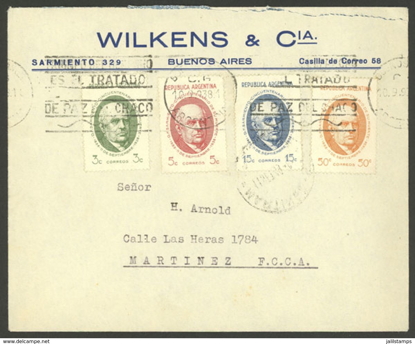 ARGENTINA: Cover Used In Buenos Aires On 10/SE/1938, Franked With The 4 Values Of The Sarmiento Set (total 73c.), VF Qua - Briefe U. Dokumente