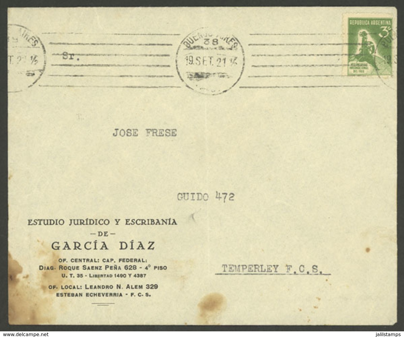 ARGENTINA: 19/SEP/1938: Buenos Aires - Temperley, Cover Franked With 3c. Congress Of Cold Techniques, Interesting Cancel - Briefe U. Dokumente