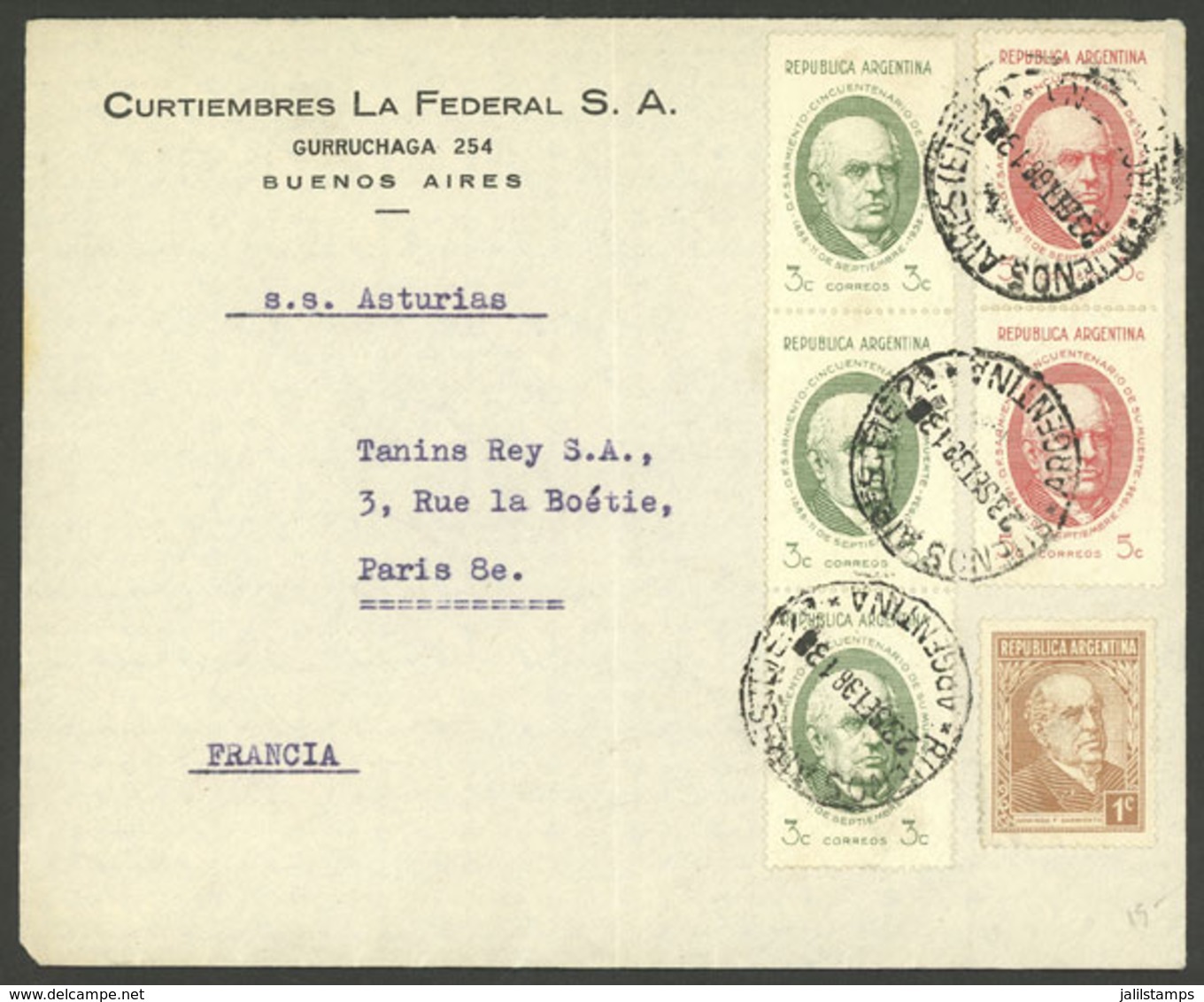ARGENTINA: 23/SE/1938: Buenos Aires - Paris, Cover Franked With 1c. Sarmiento + 3c. Strip Of 3 And 5c. Pair Sarmiento An - Briefe U. Dokumente