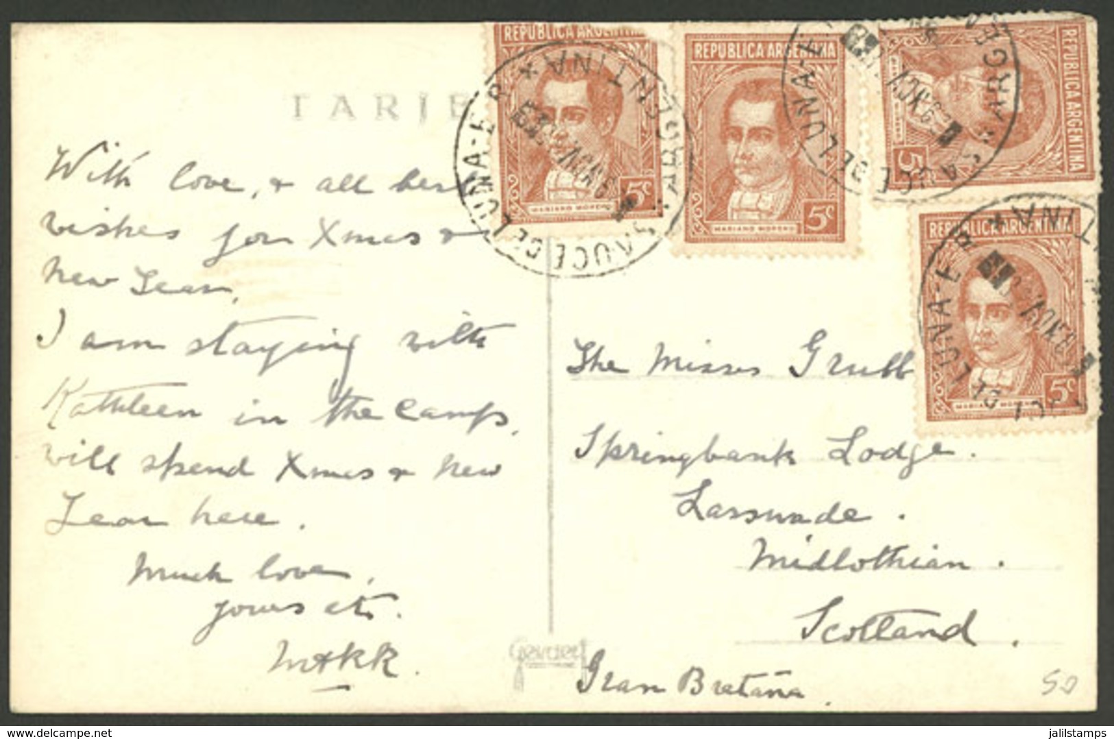 ARGENTINA: PC Sent From SAUCE DE LUNA (Entre Rios) To Scotland On 29/NO/1938, Franked With 20c., Illustrated With Partia - Briefe U. Dokumente