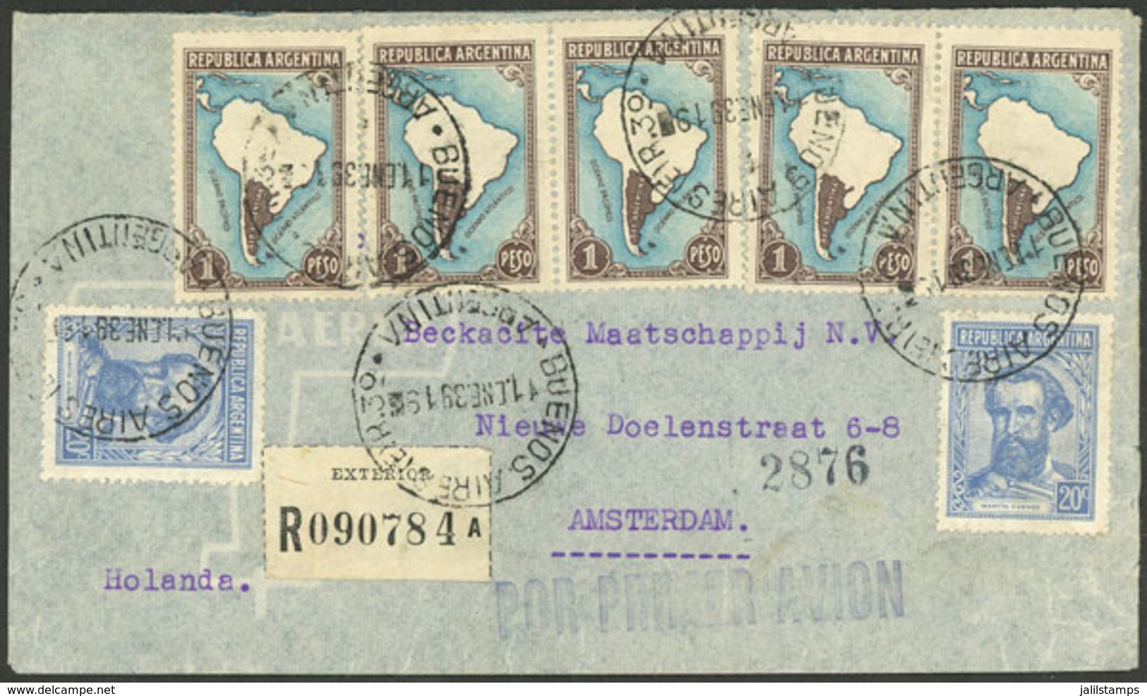 ARGENTINA: 11/JA/1939: Buenos Aires - Amsterdam, Registered Airmail Cover Franked With 2x 20c. Martín Güemes + 5x $1 Map - Briefe U. Dokumente