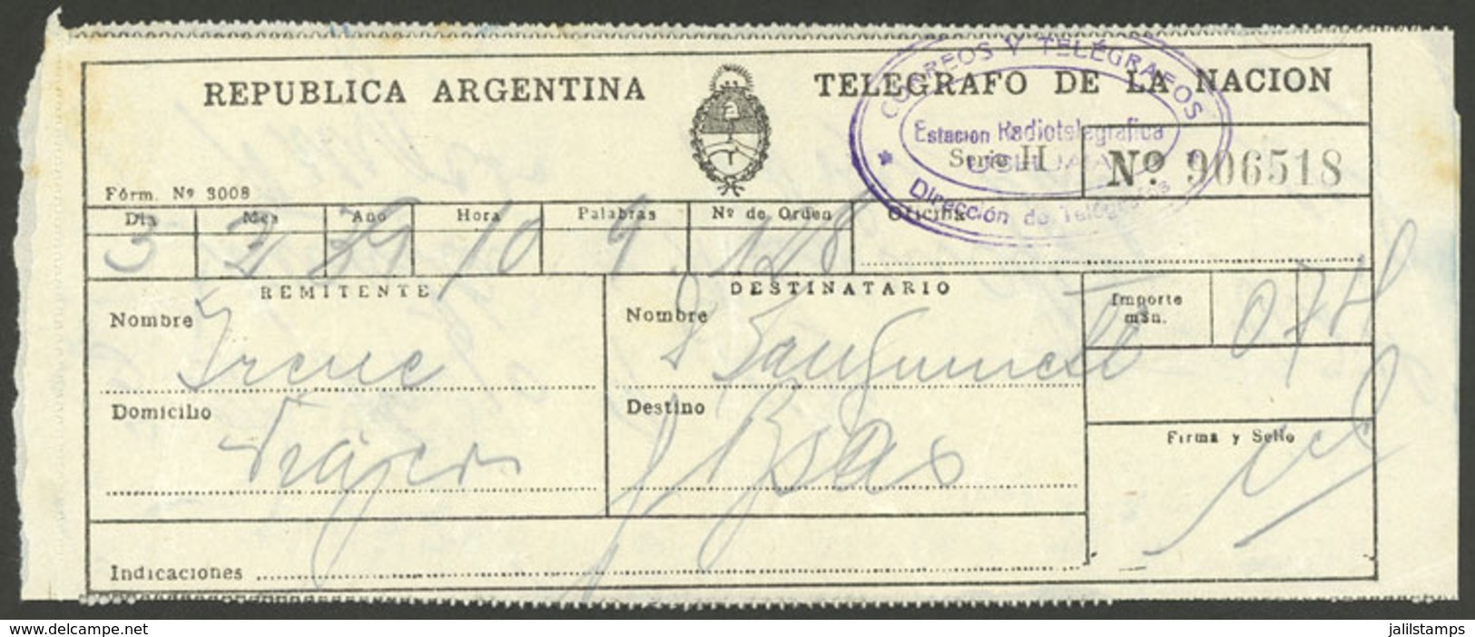 ARGENTINA: 2/MAR/1939: 2 Receipts Of The National Telegraph, With Handstamp Of ESTACIÓN TELEGRÁFICA USHUAIA, VF Quality - Briefe U. Dokumente