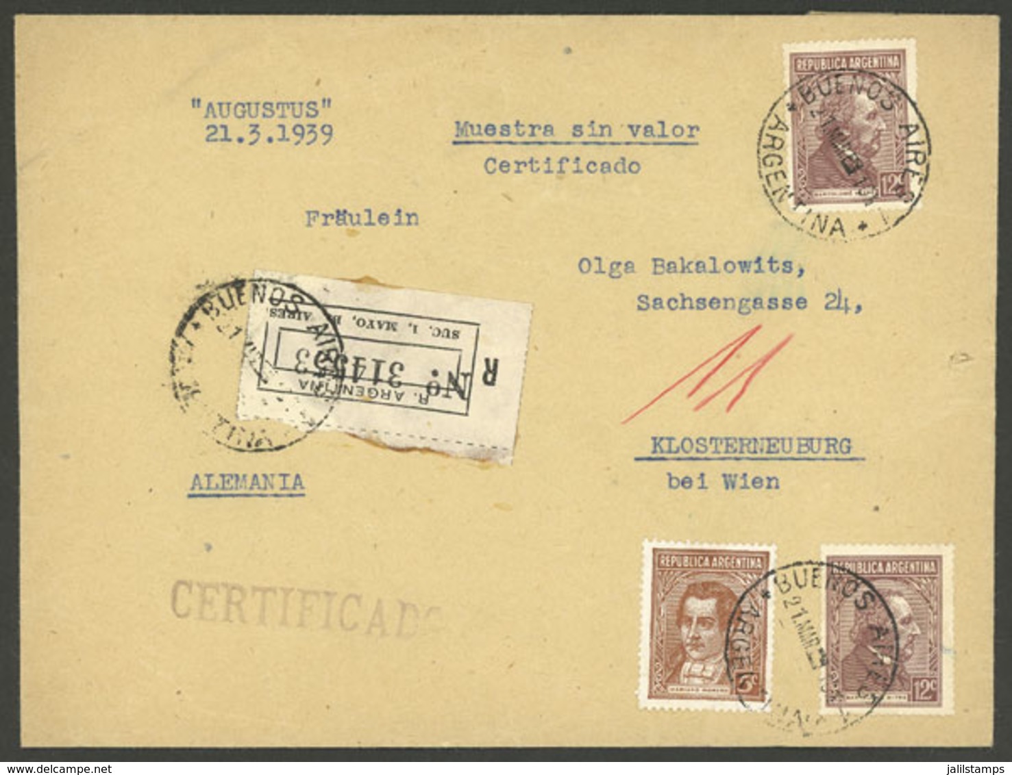 ARGENTINA: 21/MAR/1939: Buenos Aires - Klosterneuburg (Germany), Registered Cover Franked With 29c. (rare Rate For SAMPL - Briefe U. Dokumente