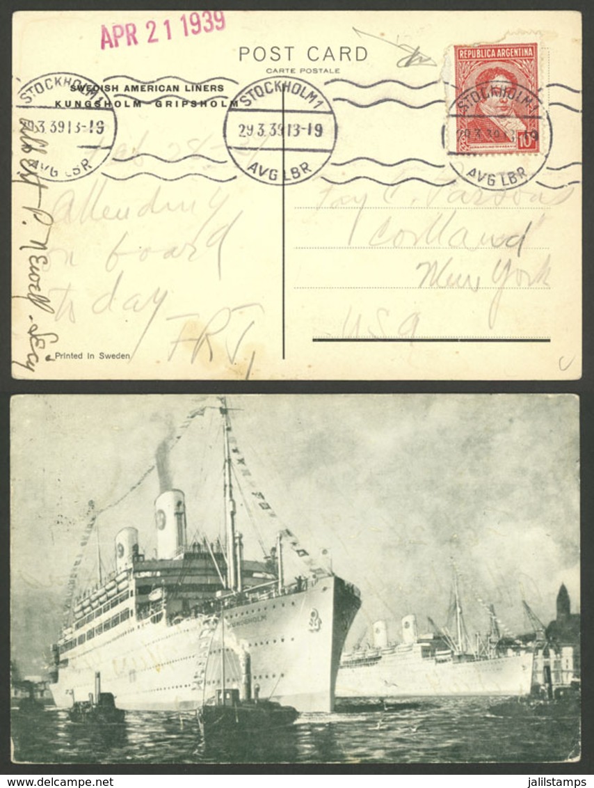 ARGENTINA: PC Sent From Ship "Kungsholm" To New York, Franked With Argentina Stamp Of 10c. And Cancelled In Stockholm On - Briefe U. Dokumente