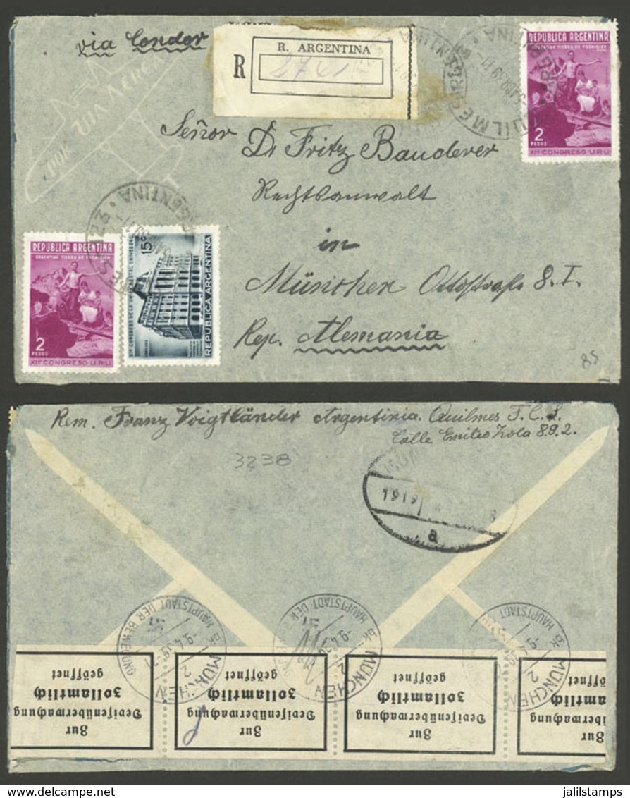 ARGENTINA: 5/AP/1939: Quilmes (Buenos Aires) - Germany, Registered Cover Franked With 15c. And 2x $2 UPU Congress, With  - Briefe U. Dokumente