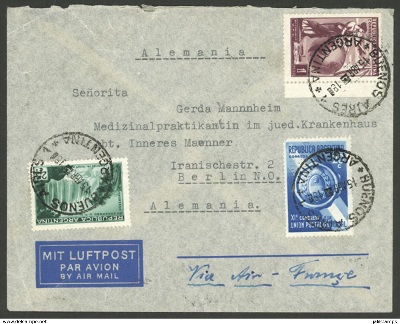 ARGENTINA: Airmail Cover Sent From Buenos Aires To Berlin On 15/AP/1939, Franked With 20c., 25c. And $1 UPU Congress (to - Briefe U. Dokumente