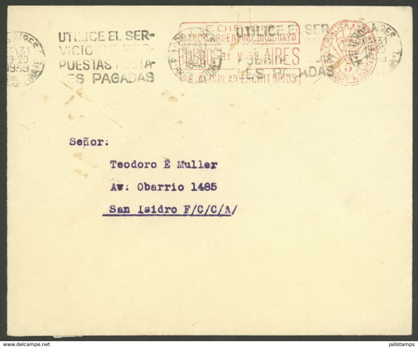 ARGENTINA: Cover Sent From B.Aires To San Isidro On 31/MAY/1939, With 5c. Meter Postage With Advertising For Banco Argen - Briefe U. Dokumente